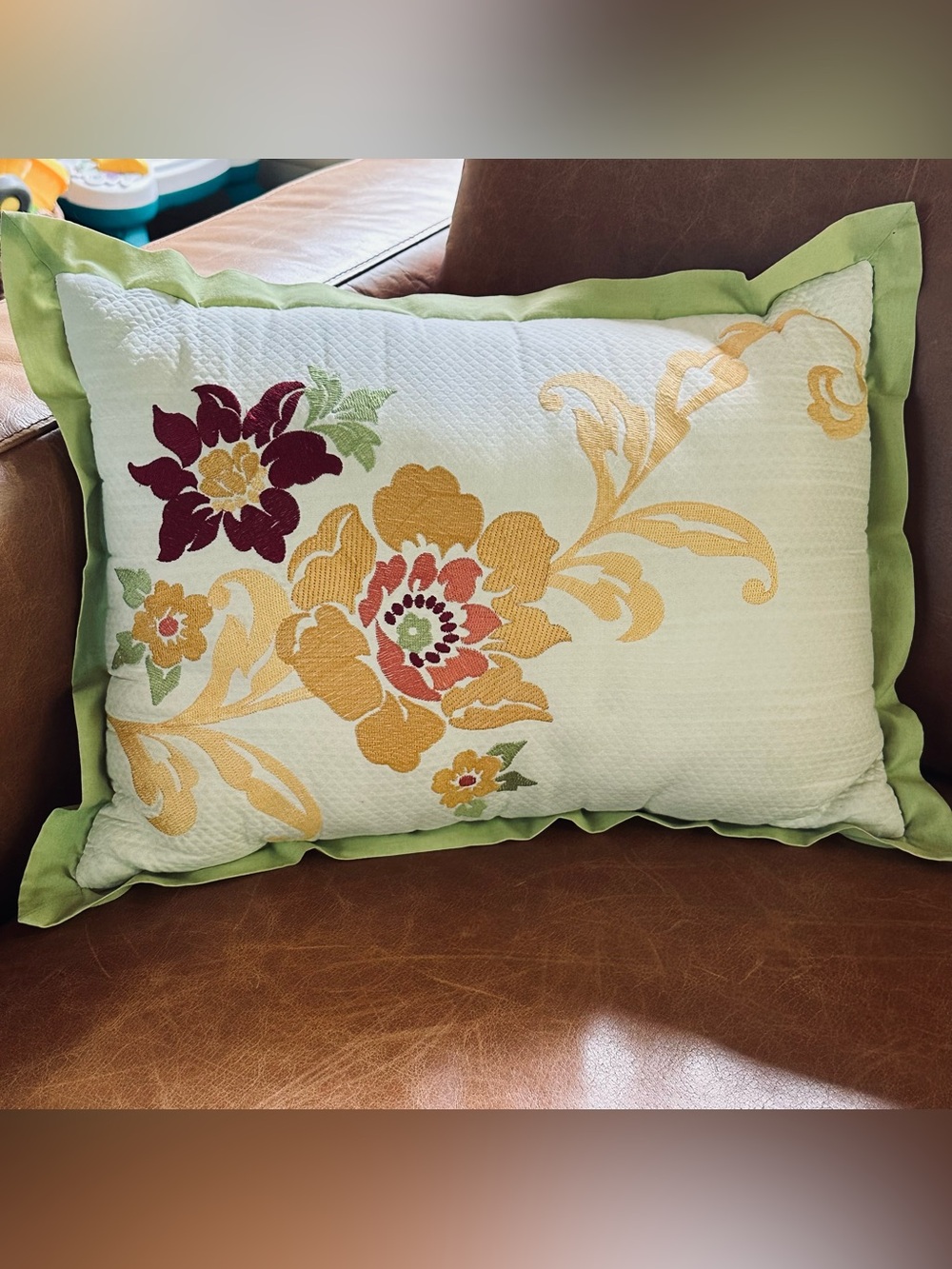 Floral Embroidered Lumbar Pillow Sage Green Ruffle Trim Boho Grandmillennial 16”